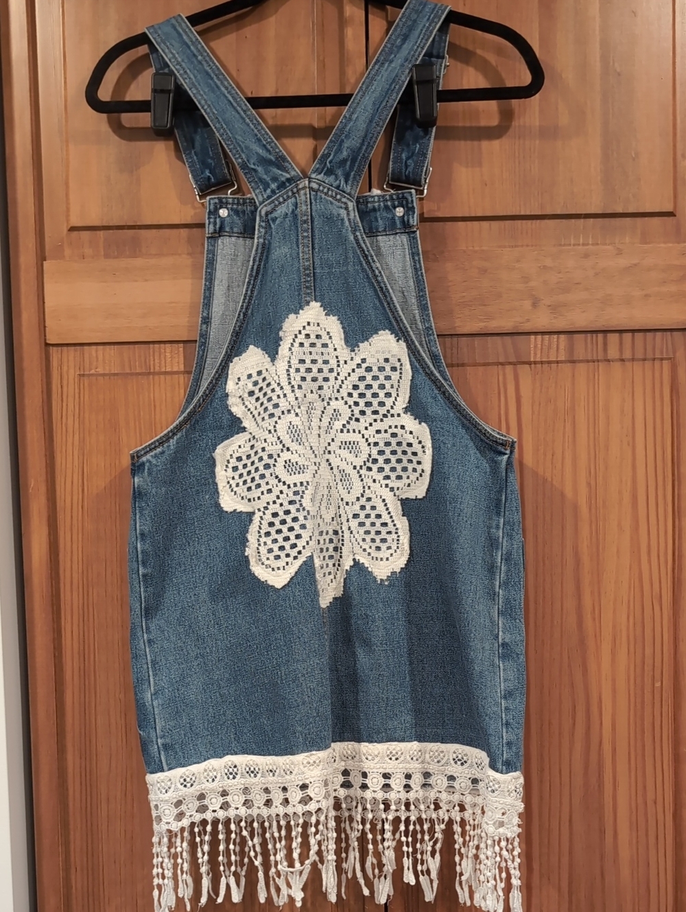 Denim Crochet Fringe Overall Dress - Blue & Cream - Picture 5 of 8